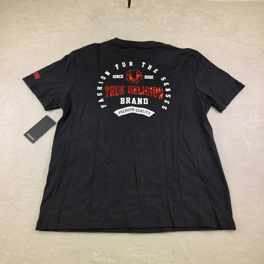 True Religion Mens Jet Black FFTS Circ Graphic T-Shirt Red Foil Logo 701595 XXL